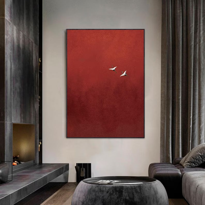 Minimalist Red Crane Painting – Asian-Inspired Modern Wall Art