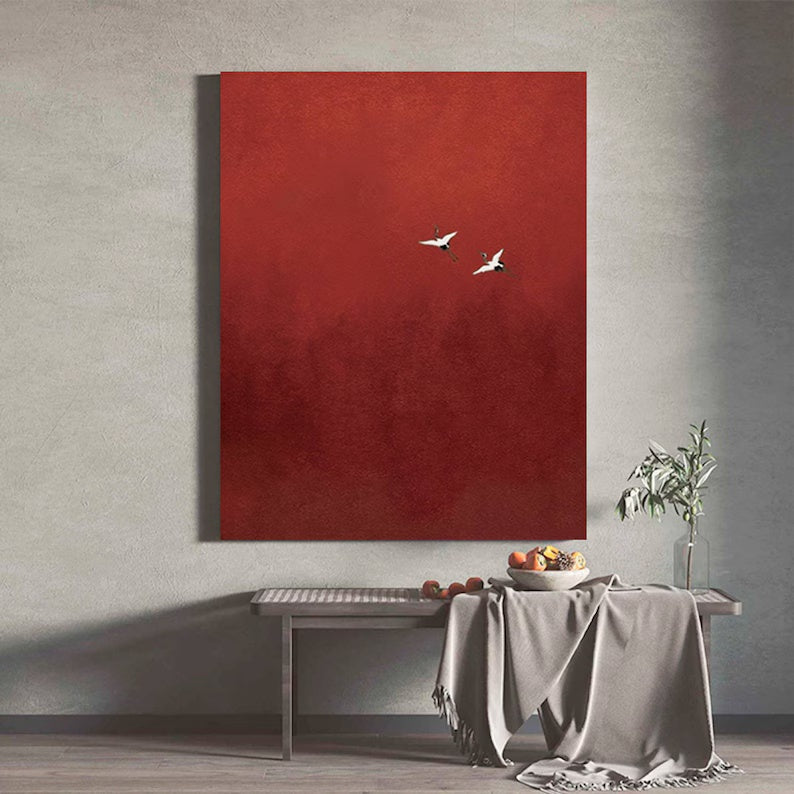 Minimalist Red Crane Painting – Asian-Inspired Modern Wall Art