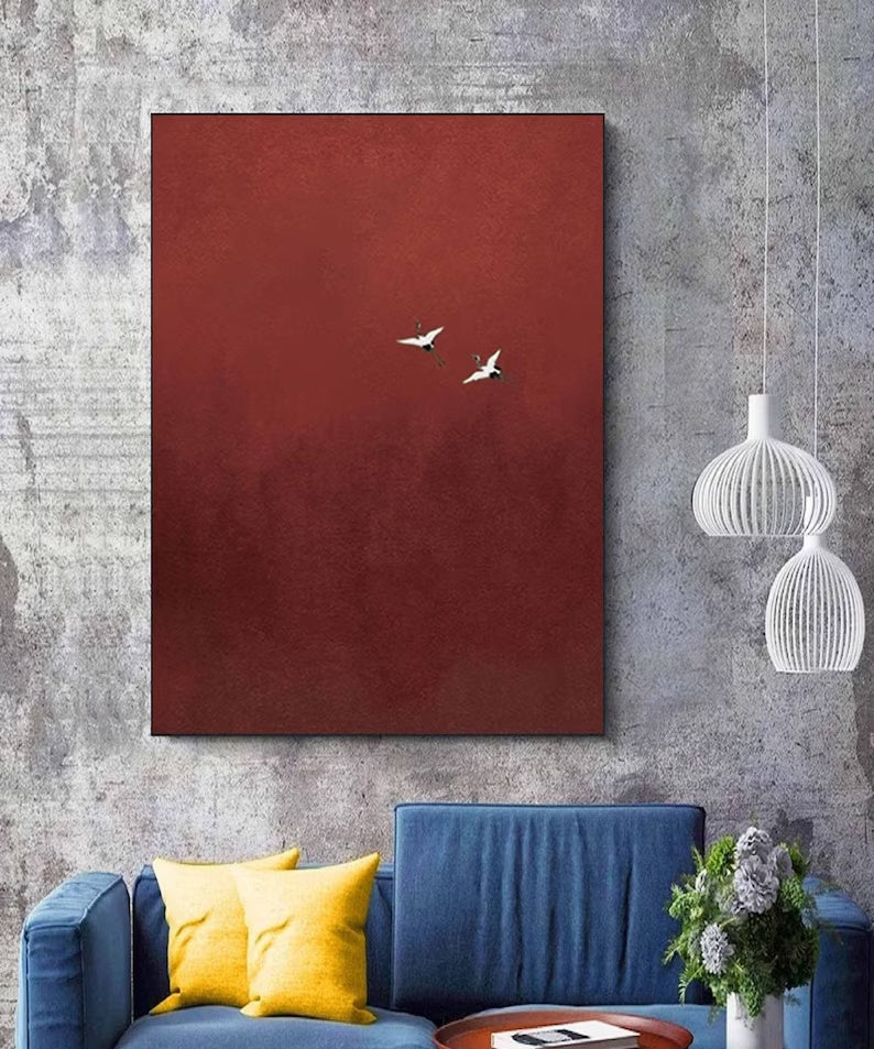 Minimalist Red Crane Painting – Asian-Inspired Modern Wall Art