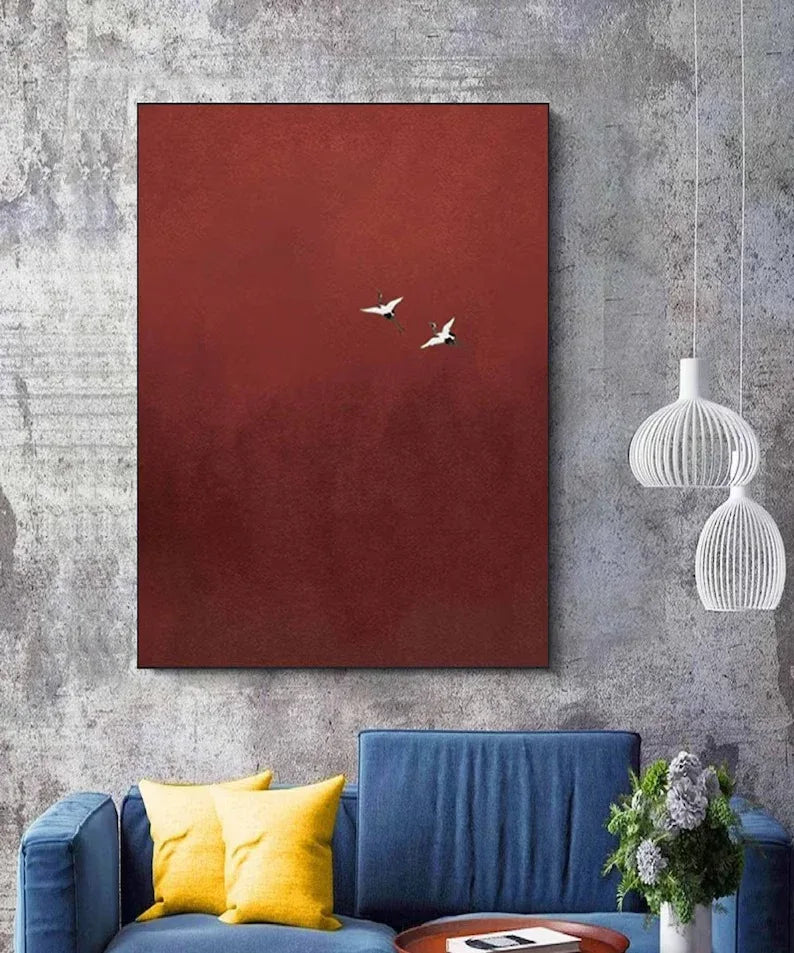 Minimalist Red Crane Painting – Asian-Inspired Modern Wall Art - artextured