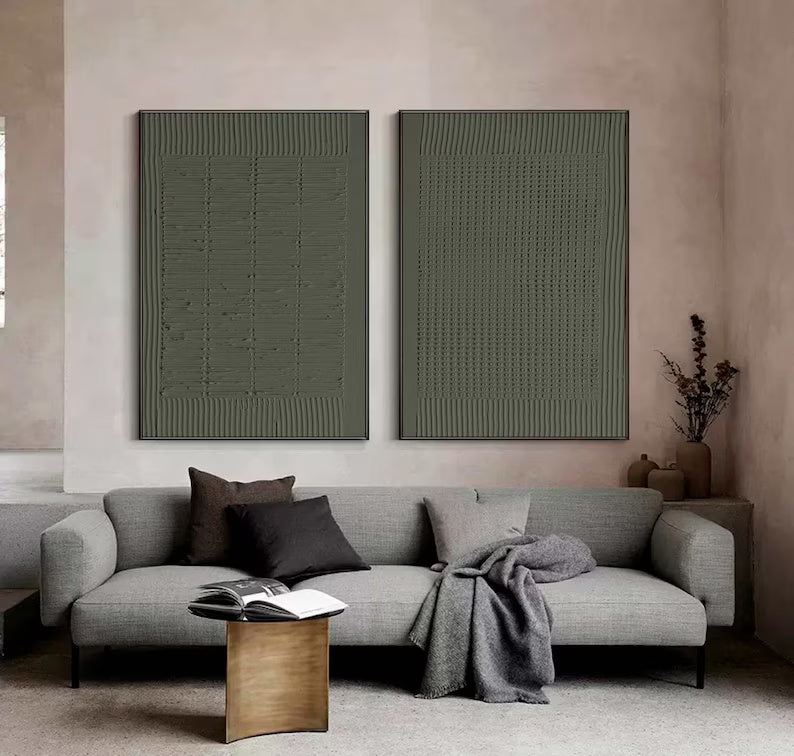 Minimalist Olive Green Textured Wall Art Set OF 2