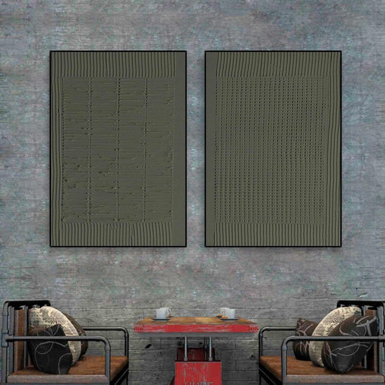 Minimalist Olive Green Textured Wall Art Set OF 2