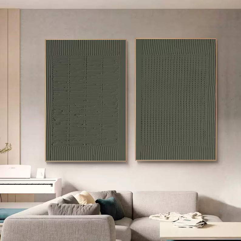 Minimalist Olive Green Textured Wall Art Set OF 2