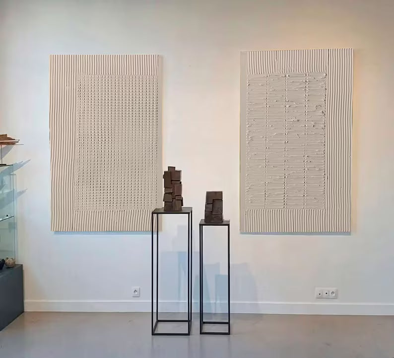 Layered Beige Rhythm-Minimalist Dual-Panel Textured Wall Art Set OF 2