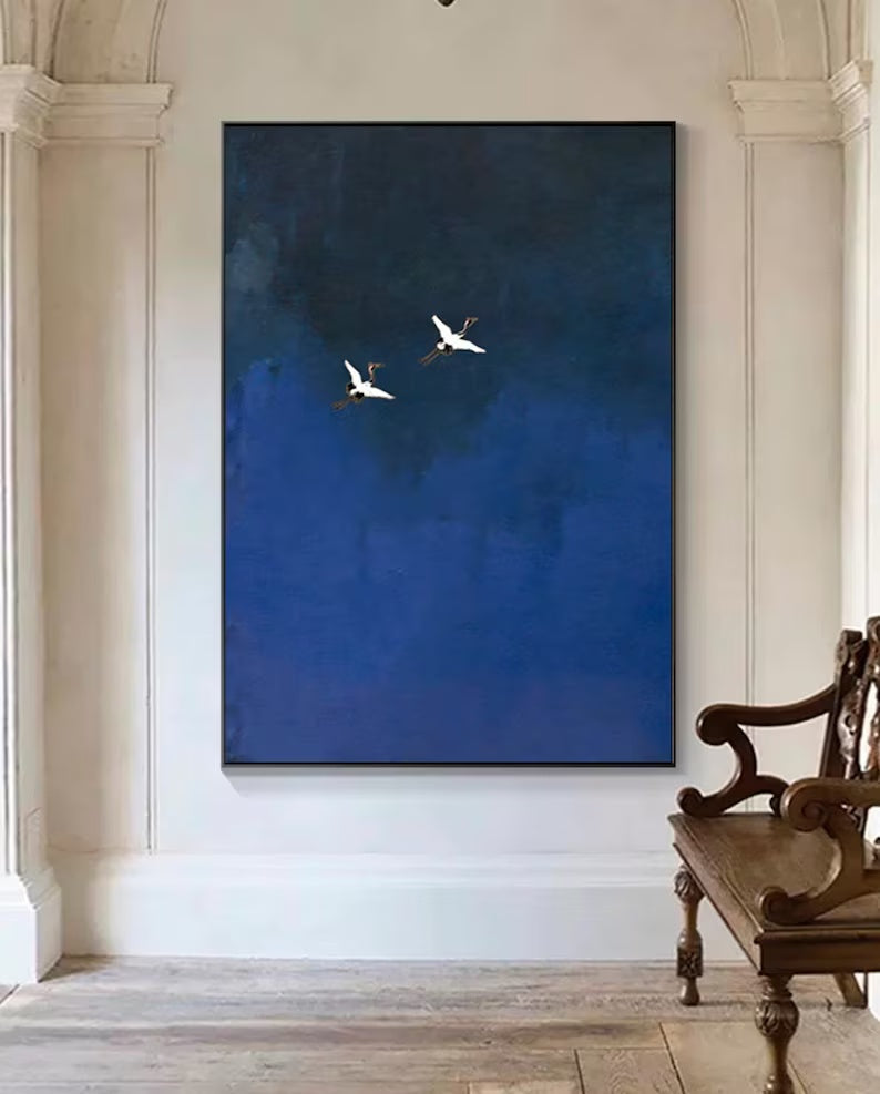 Minimalist Blue Crane Oil Painting – Tranquil Asian-Inspired Wall Art