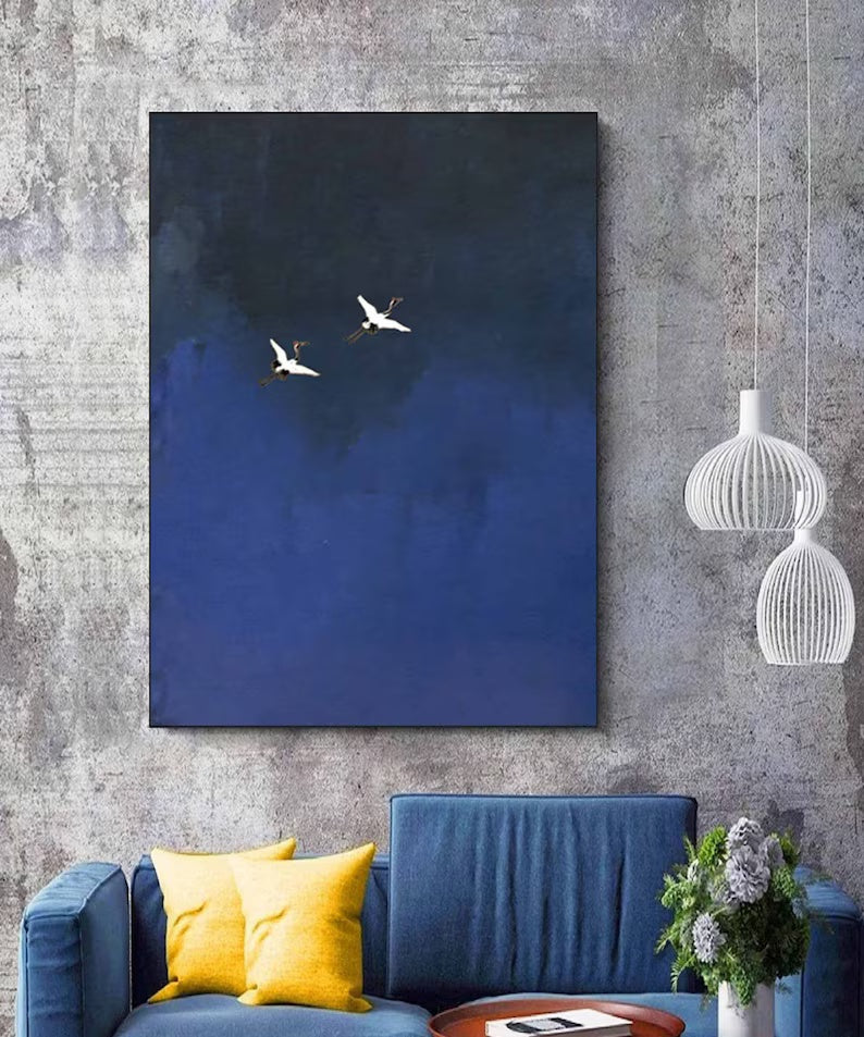 Minimalist Blue Crane Oil Painting – Tranquil Asian-Inspired Wall Art