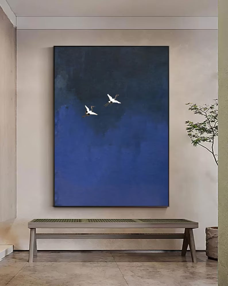 Minimalist Blue Crane Oil Painting – Tranquil Asian-Inspired Wall Art