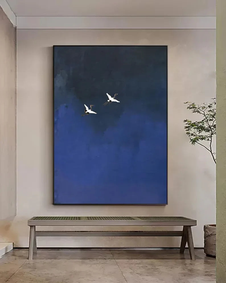Minimalist Blue Crane Oil Painting – Tranquil Asian-Inspired Wall Art - artextured