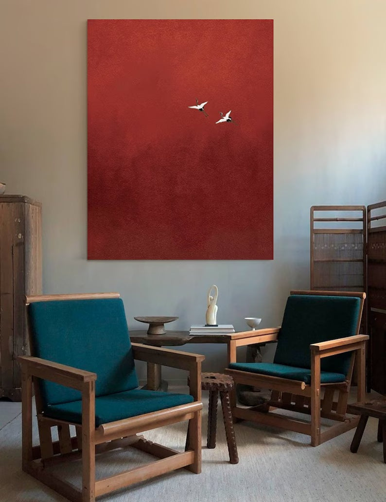 Minimalist Red Crane Painting – Asian-Inspired Modern Wall Art