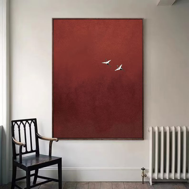 Minimalist Red Crane Painting – Asian-Inspired Modern Wall Art