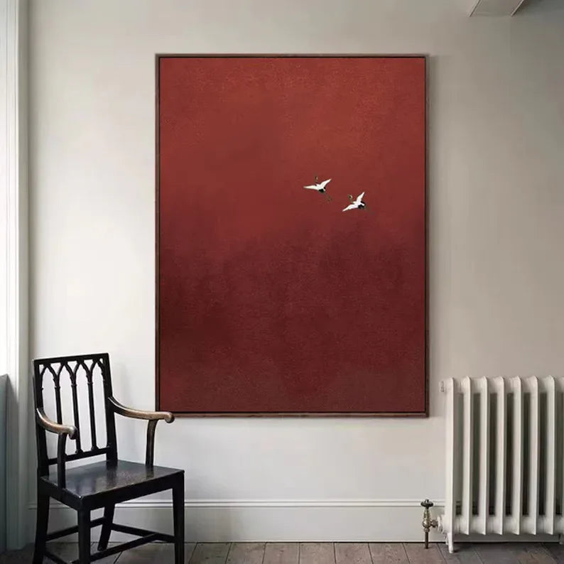 Minimalist Red Crane Painting – Asian-Inspired Modern Wall Art - artextured