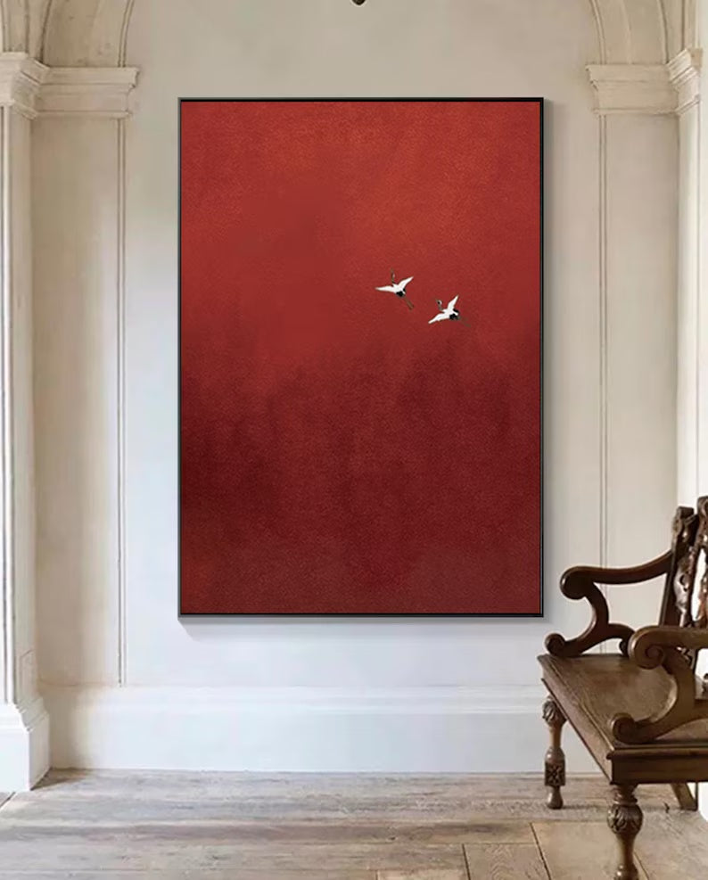 Minimalist Red Crane Painting – Asian-Inspired Modern Wall Art