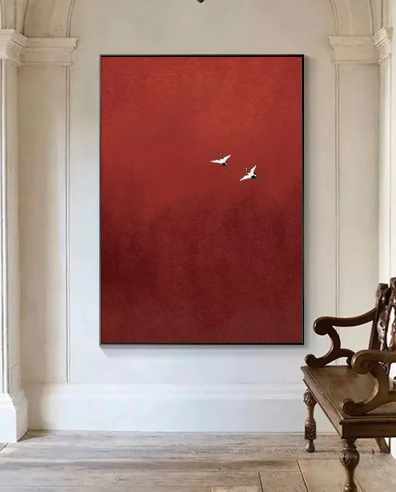 Minimalist Red Crane Painting – Asian-Inspired Modern Wall Art - artextured