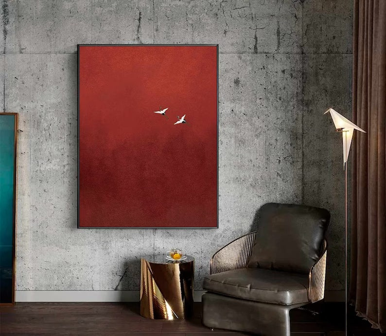 Minimalist Red Crane Painting – Asian-Inspired Modern Wall Art