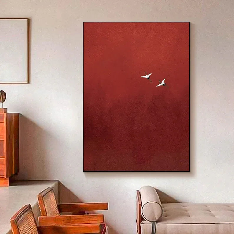 Minimalist Red Crane Painting – Asian-Inspired Modern Wall Art - artextured
