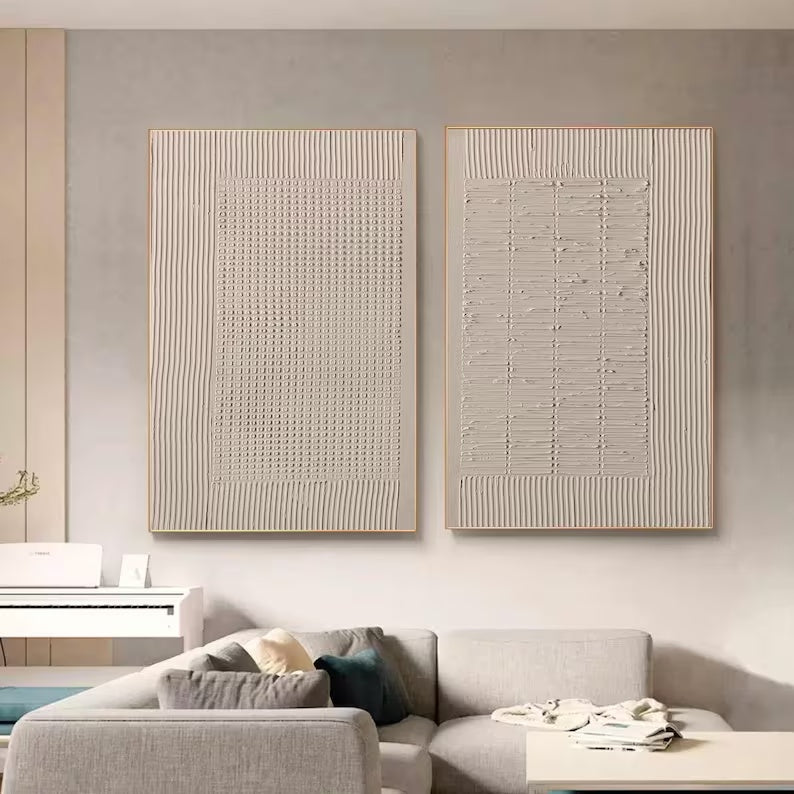 Layered Beige Rhythm-Minimalist Dual-Panel Textured Wall Art Set OF 2