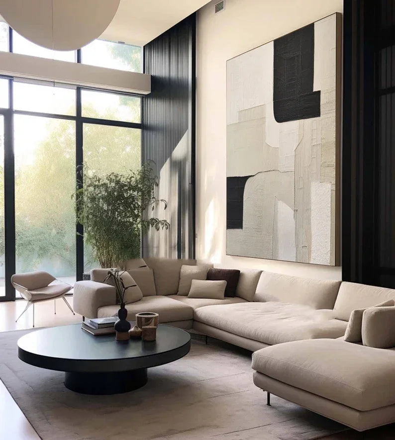 Monochrome Harmony Canvas Art-Wabi Sabi Abstract Wall Art of Hand drawn Geometric Block Surface - artextured