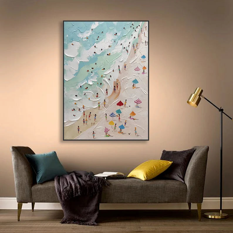 Sunny Beach Day-Hand-Painted Abstract Wall Art Depicting a Summer Beach Scene