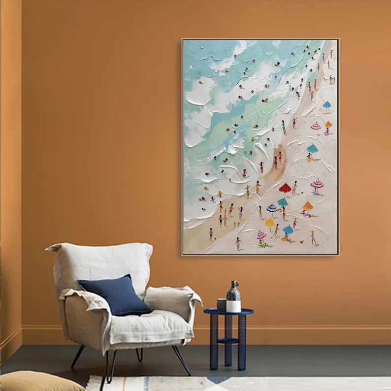 Sunny Beach Day-Hand-Painted Abstract Wall Art Depicting a Summer Beach Scene
