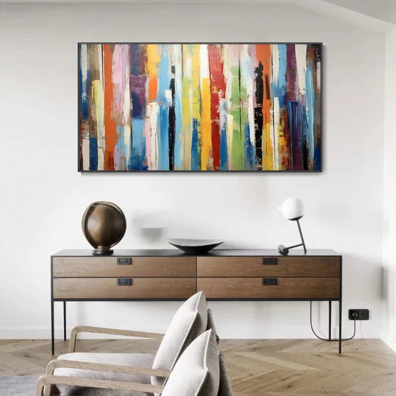 Abstract Colorful Striped Canvas Art - Modern Vertical Wall Decorative Oil Painting - artextured