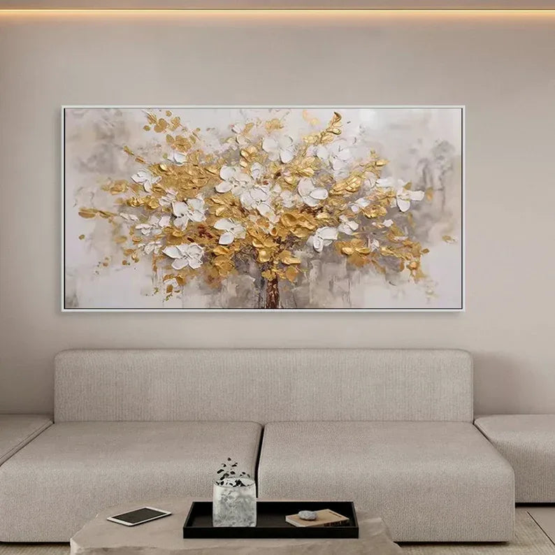 Golden Symphony Tree Painting-Hand Drawn Three-Dimensional Gold and White Floral Texture Wall Art - artextured
