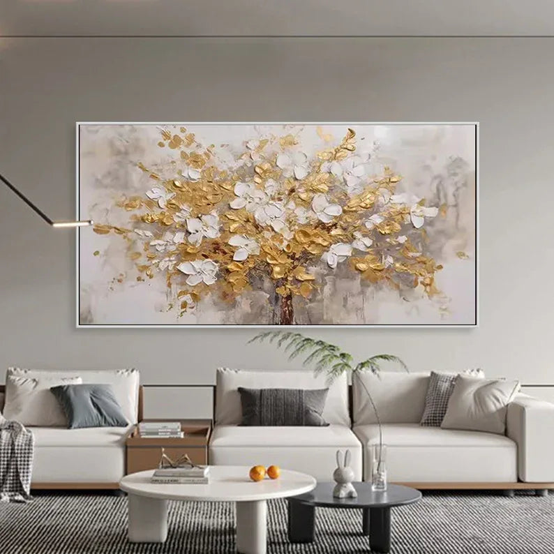 Golden Symphony Tree Painting-Hand Drawn Three-Dimensional Gold and White Floral Texture Wall Art - artextured