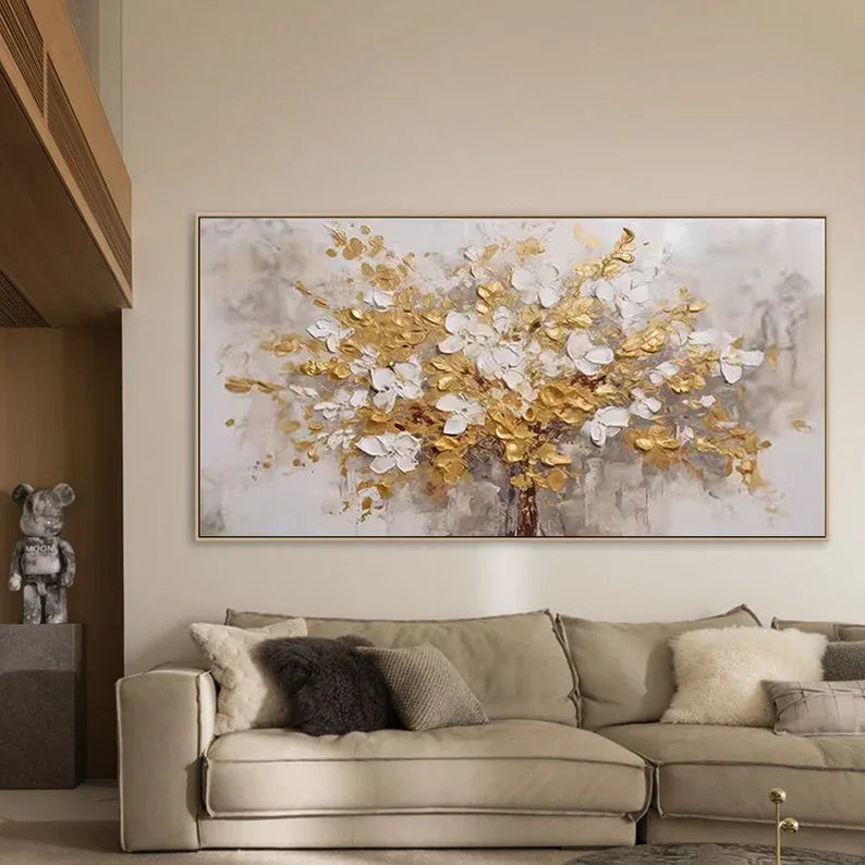 Golden Symphony Tree Painting-Hand Drawn Three-Dimensional Gold and White Floral Texture Wall Art - artextured