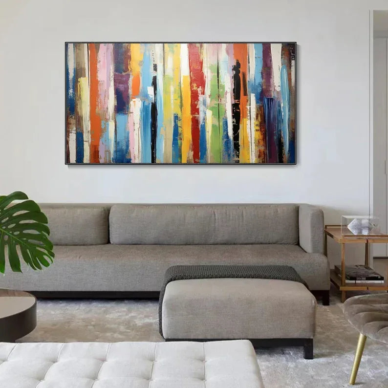 Abstract Colorful Striped Canvas Art - Modern Vertical Wall Decorative Oil Painting - artextured