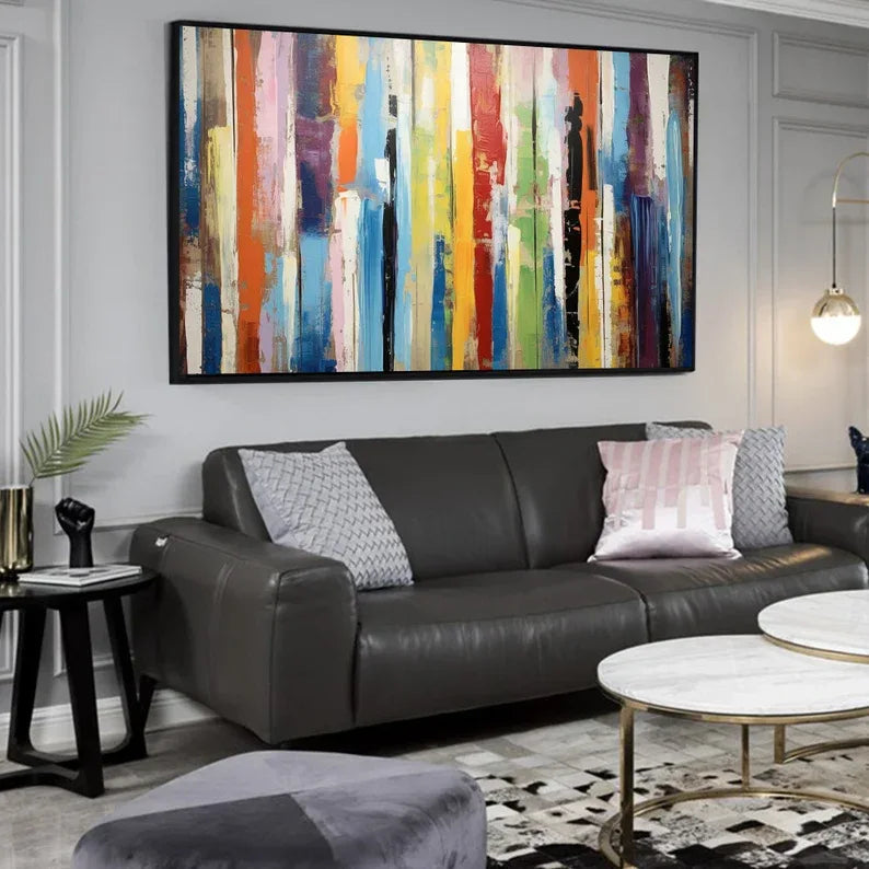 Abstract Colorful Striped Canvas Art - Modern Vertical Wall Decorative Oil Painting - artextured