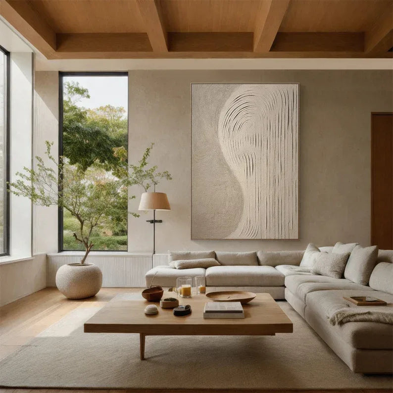 Curved Lines Neutral Canvas-Wabi Sabi Minimalist Beige Flowing Abstract Wall Art - artextured