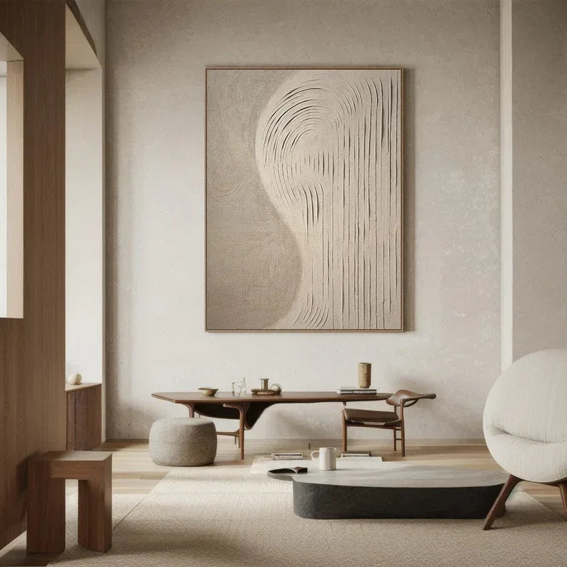 Curved Lines Neutral Canvas-Wabi Sabi Minimalist Beige Flowing Abstract Wall Art - artextured