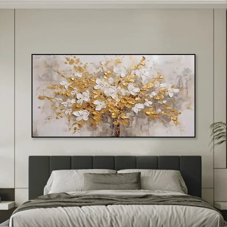 Golden Symphony Tree Painting-Hand Drawn Three-Dimensional Gold and White Floral Texture Wall Art - artextured