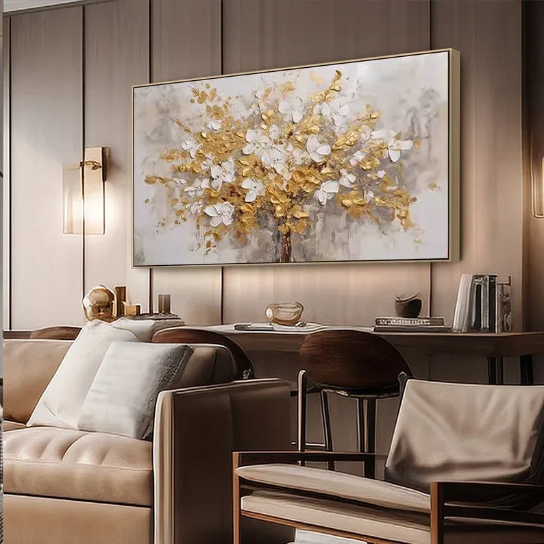 Golden Symphony Tree Painting-Hand Drawn Three-Dimensional Gold and White Floral Texture Wall Art - artextured