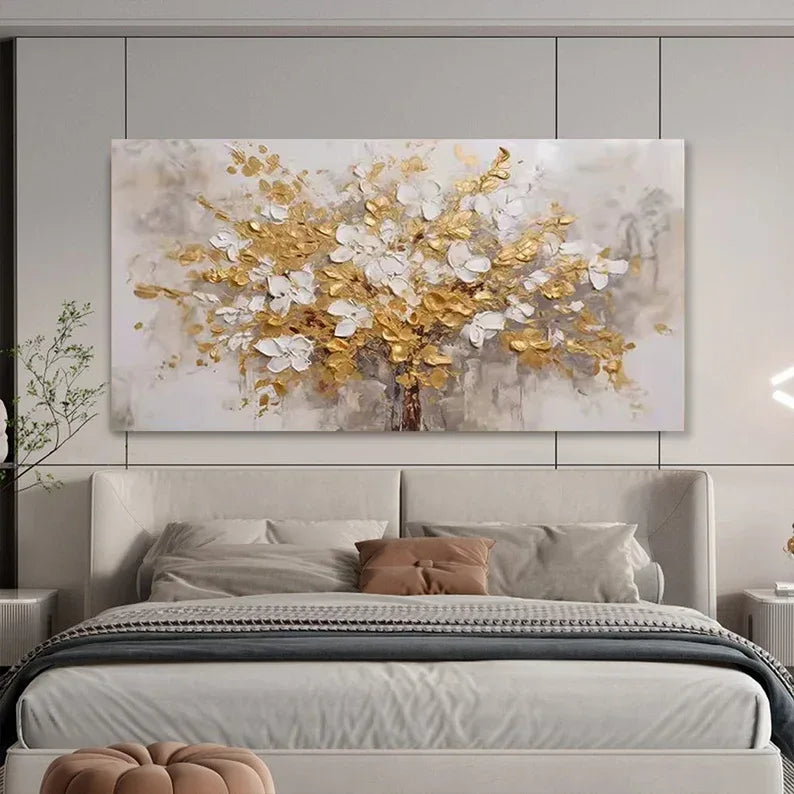 Golden Symphony Tree Painting-Hand Drawn Three-Dimensional Gold and White Floral Texture Wall Art - artextured
