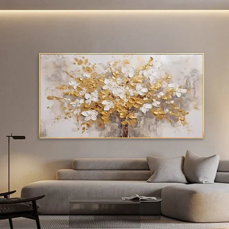 Golden Symphony Tree Painting-Hand Drawn Three-Dimensional Gold and White Floral Texture Wall Art - artextured