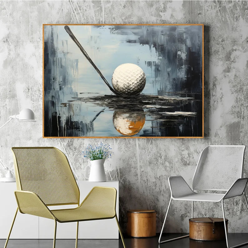 Golden Moment Golf Art Canvas-Abstract Texture Oil Painting Wall Art With Golf Theme
