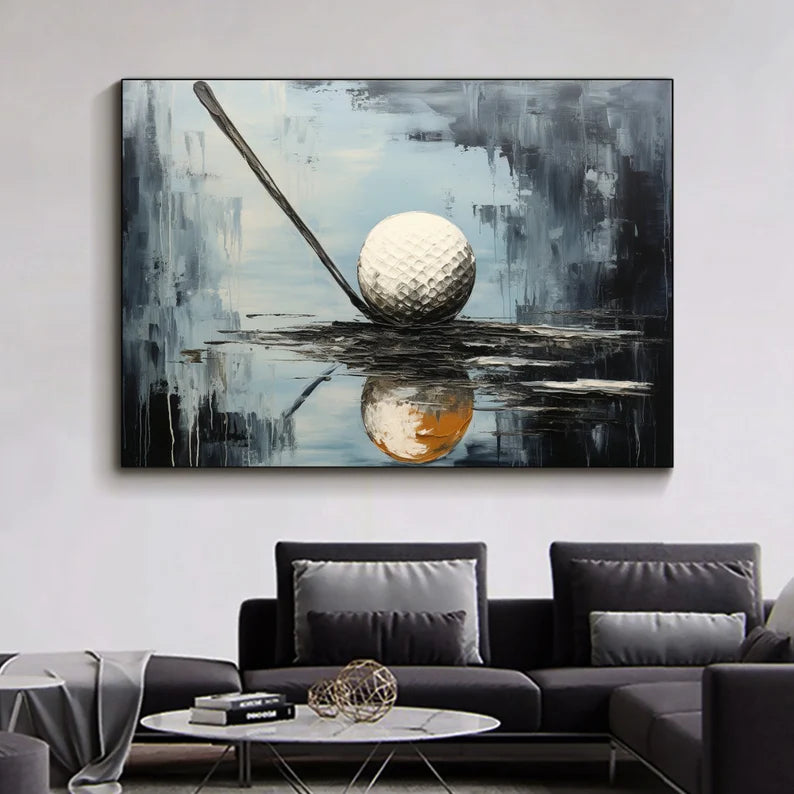 Golden Moment Golf Art Canvas-Abstract Texture Oil Painting Wall Art With Golf Theme