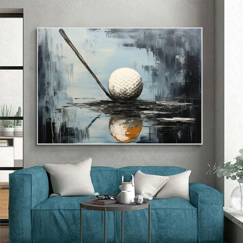 Golden Moment Golf Art Canvas-Abstract Texture Oil Painting Wall Art With Golf Theme