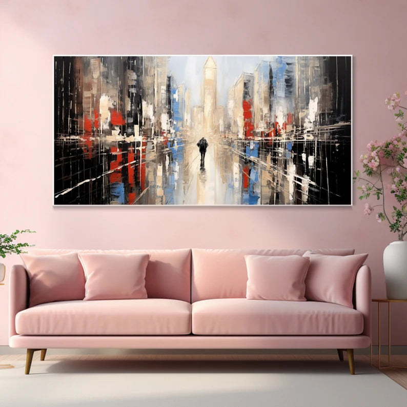 Modern Abstract Cityscape Oil Painting – Vibrant Urban Wall Art Decor