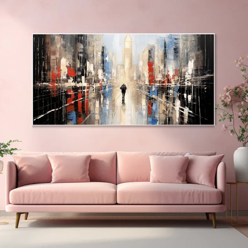 Modern Abstract Cityscape Oil Painting – Vibrant Urban Wall Art Decor - artextured