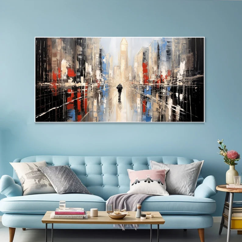 Modern Abstract Cityscape Oil Painting – Vibrant Urban Wall Art Decor