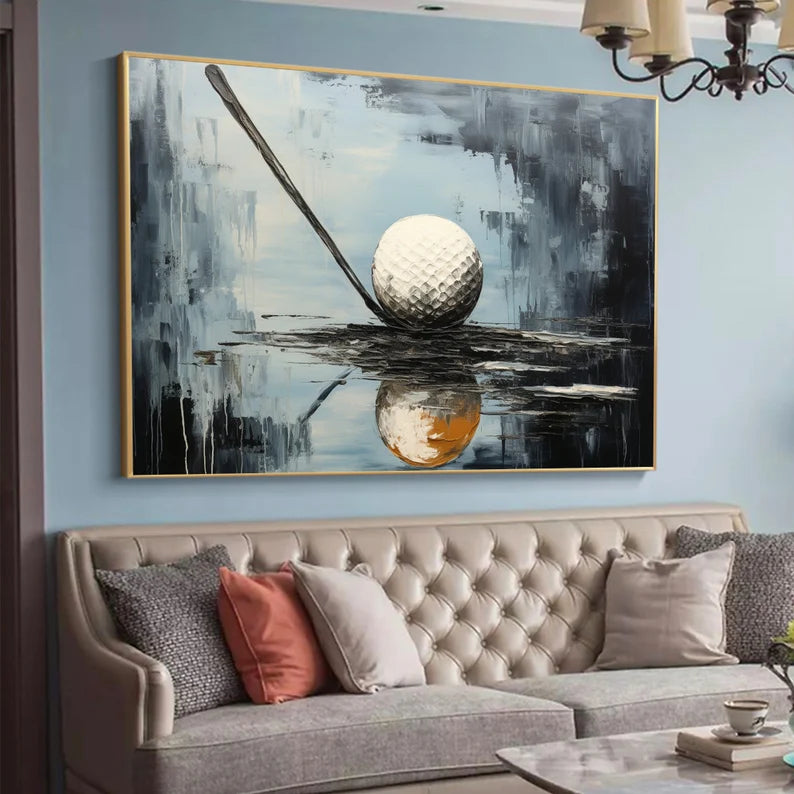 Golden Moment Golf Art Canvas-Abstract Texture Oil Painting Wall Art With Golf Theme
