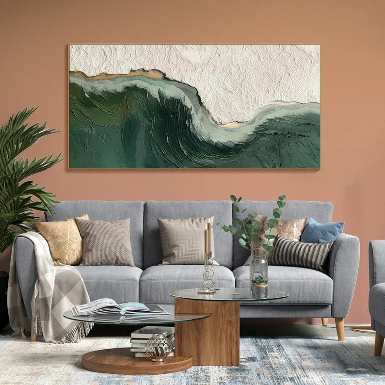 Bold Green Wave Art-3D Ocean Wave Green Texture Oil Painting - artextured