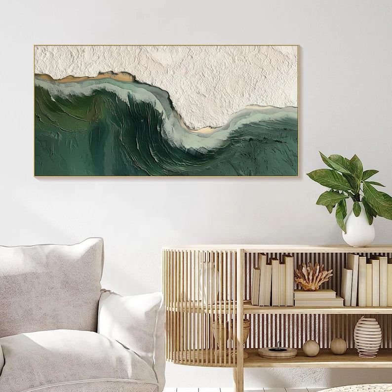 Bold Green Wave Art-3D Ocean Wave Green Texture Oil Painting