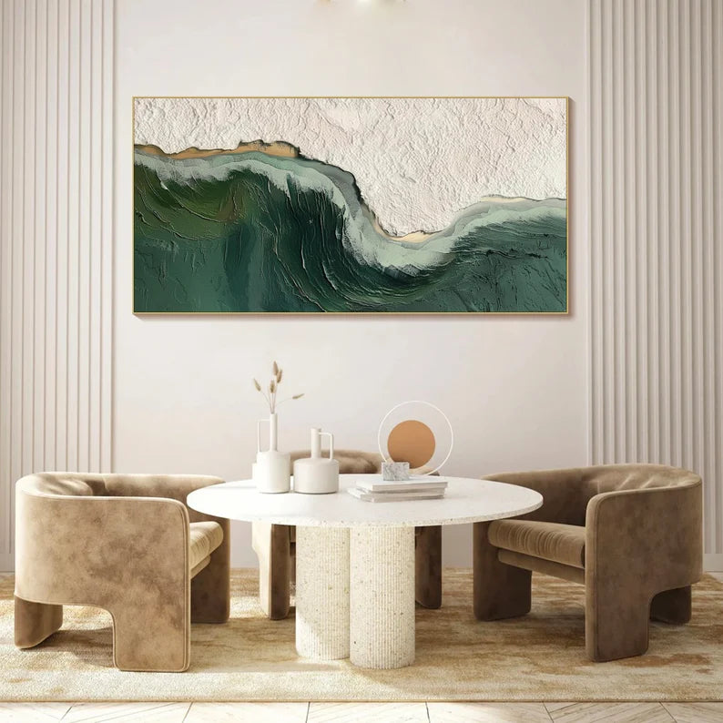 Bold Green Wave Art-3D Ocean Wave Green Texture Oil Painting