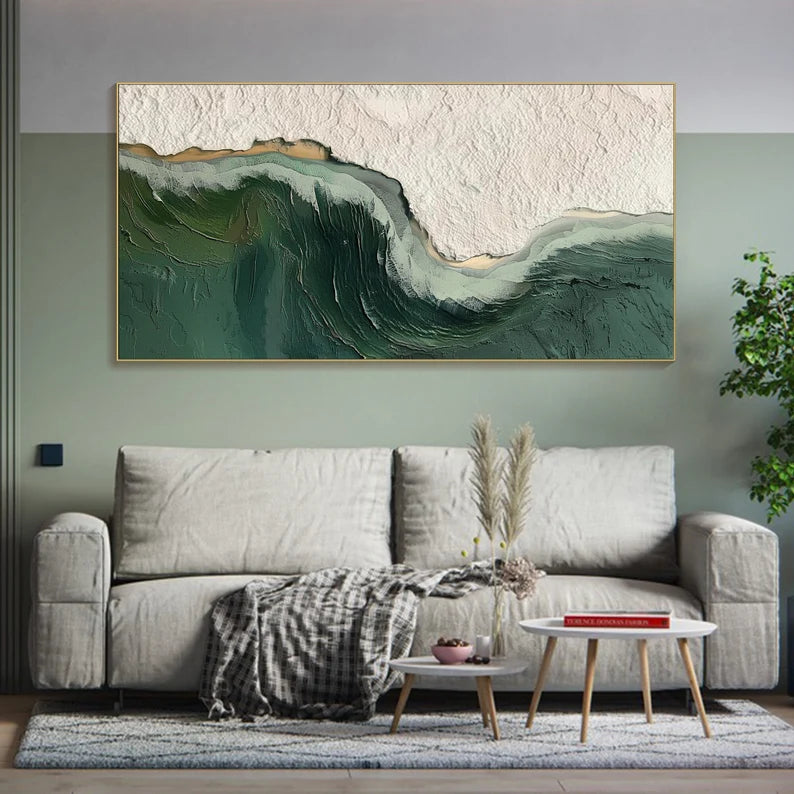 Bold Green Wave Art-3D Ocean Wave Green Texture Oil Painting