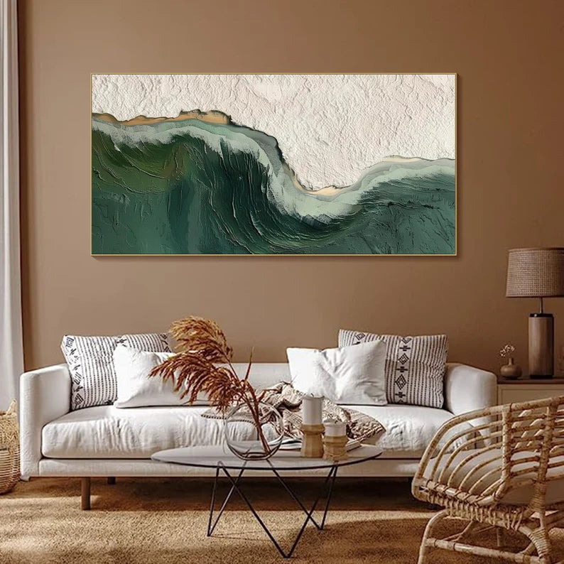 Bold Green Wave Art-3D Ocean Wave Green Texture Oil Painting