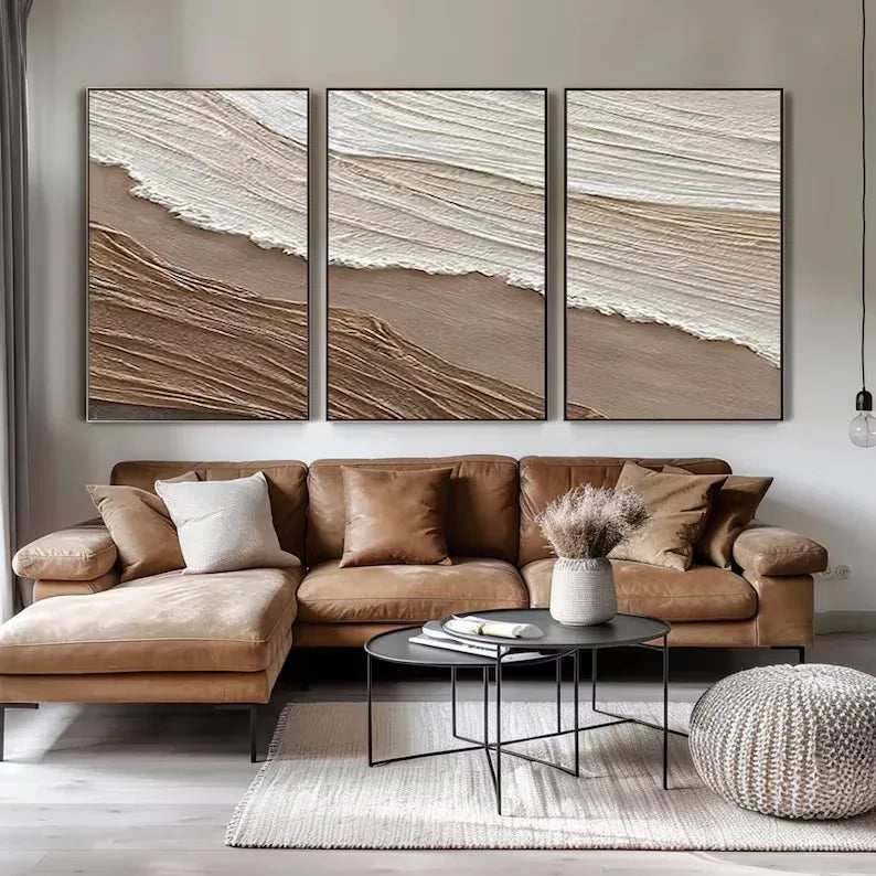 Tidal Harmony SET OF 3-Minimalist Wabi-sabi Earth and Wave Texture Wall Art - artextured
