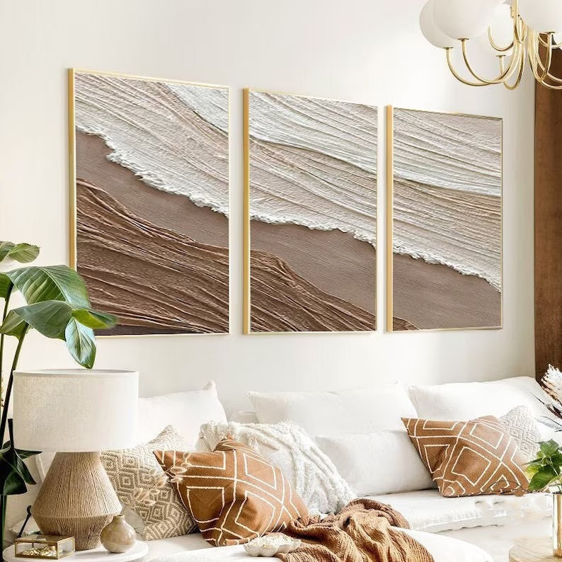 Tidal Harmony SET OF 3-Minimalist Wabi-sabi Earth and Wave Texture Wall Art