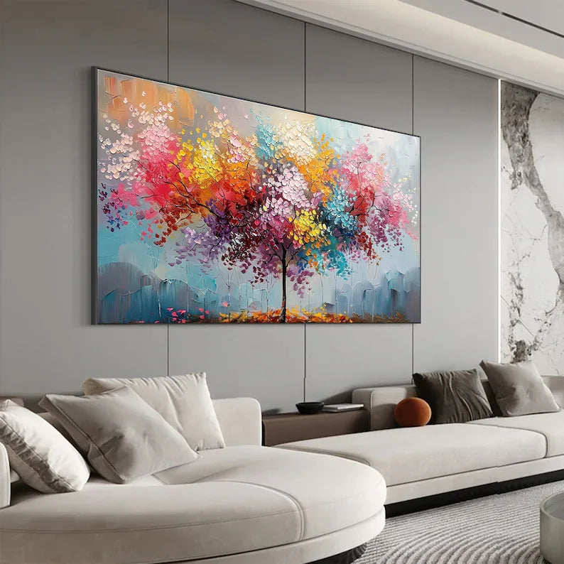 Vivid Harmony Tree Artwork-High Saturation Hand Drawn Multi Color Tree Texture Wall Art - artextured